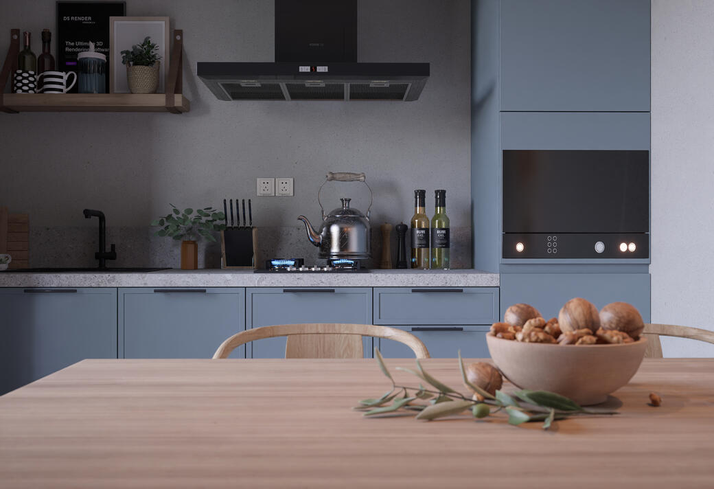 Render interior de vivienda unifamiliar moderna, cocina abierta, detallado