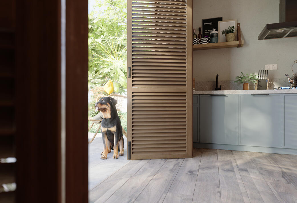 Render interior de vivienda unifamiliar moderna, cocina abierta, luminoso, con vista al exterior