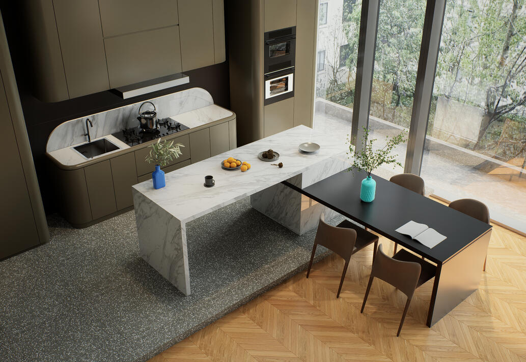 Render interior de vivienda unifamiliar moderna con ventanas amplias, cocina moderna
