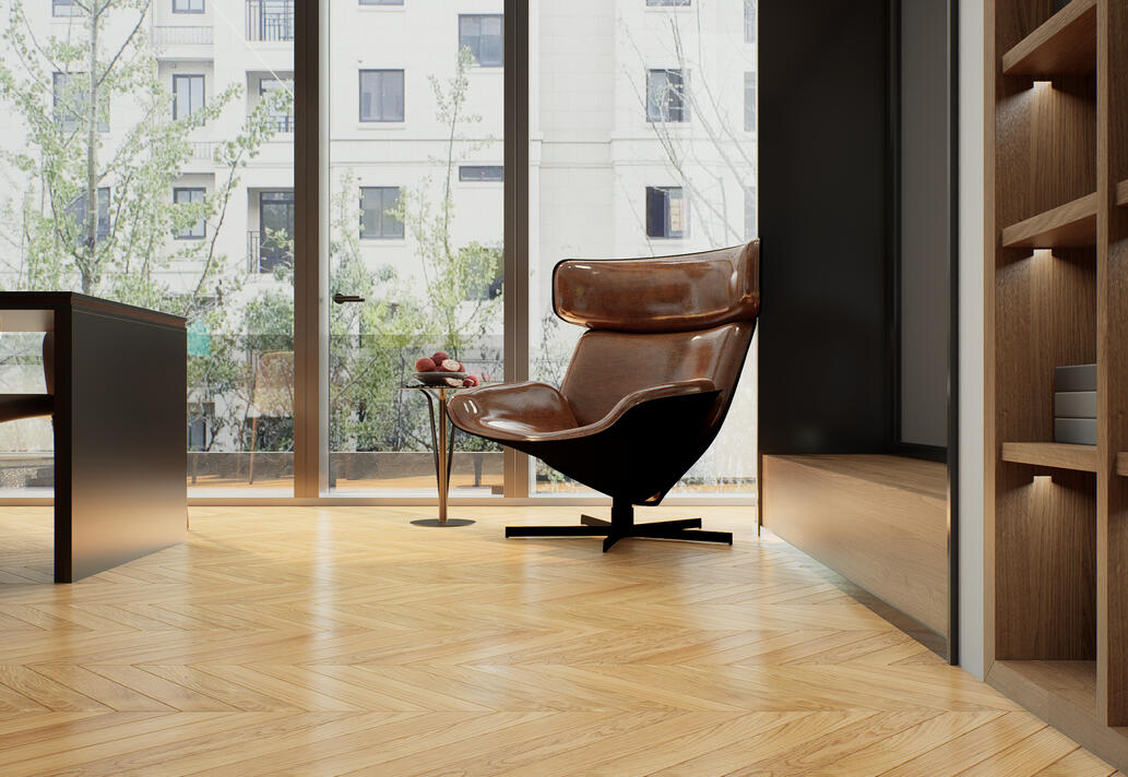 Render interior de vivienda unifamiliar moderna con ventanas amplias, sillón moderno