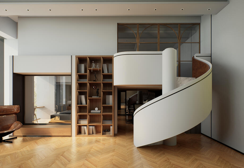 Render interior de vivienda unifamiliar moderna con ventanas amplias, escalera de caracol