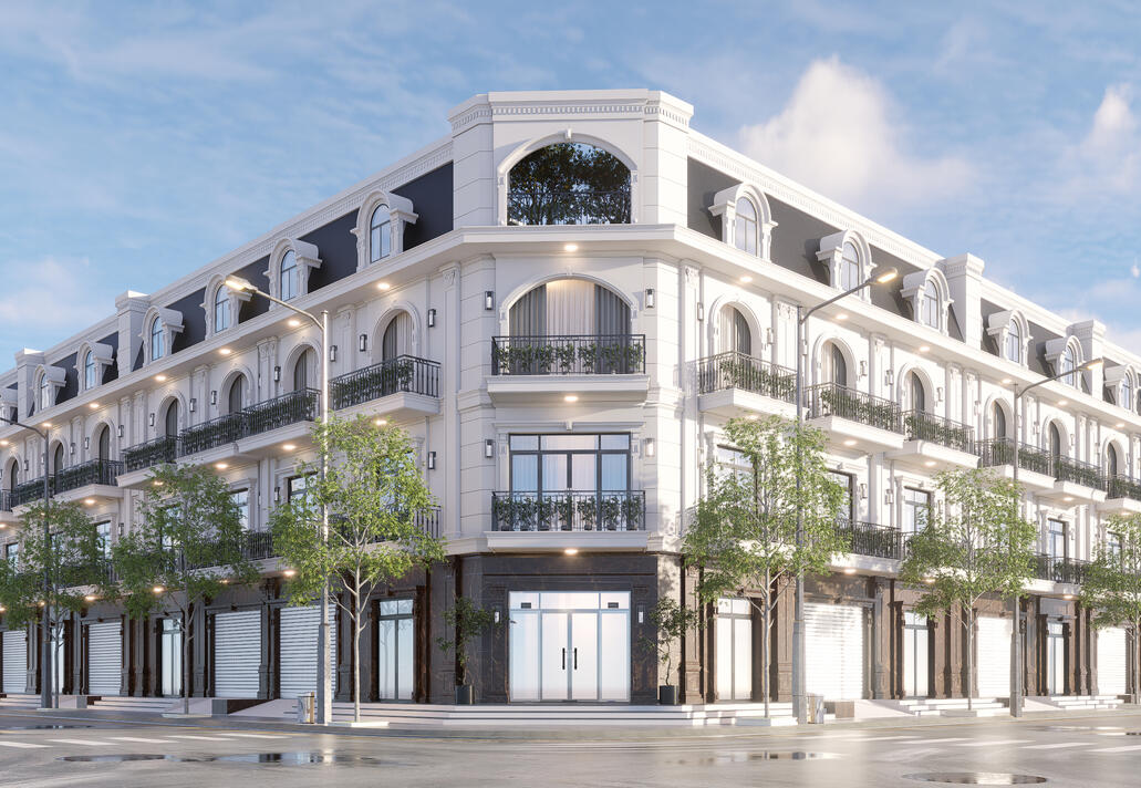 Render exterior de bloque de viviendas plurifamiliar, moderno, avenida amplia, soleado