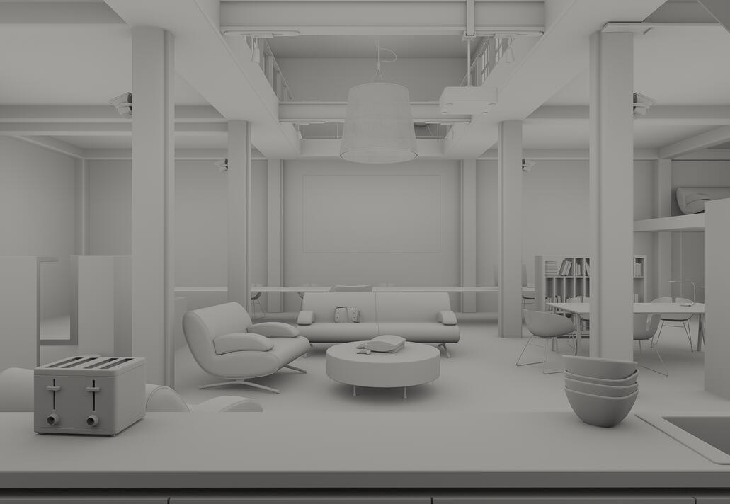 Render interior de oficina moderna, espacio abierto, diáfano, luminoso, sin texturas