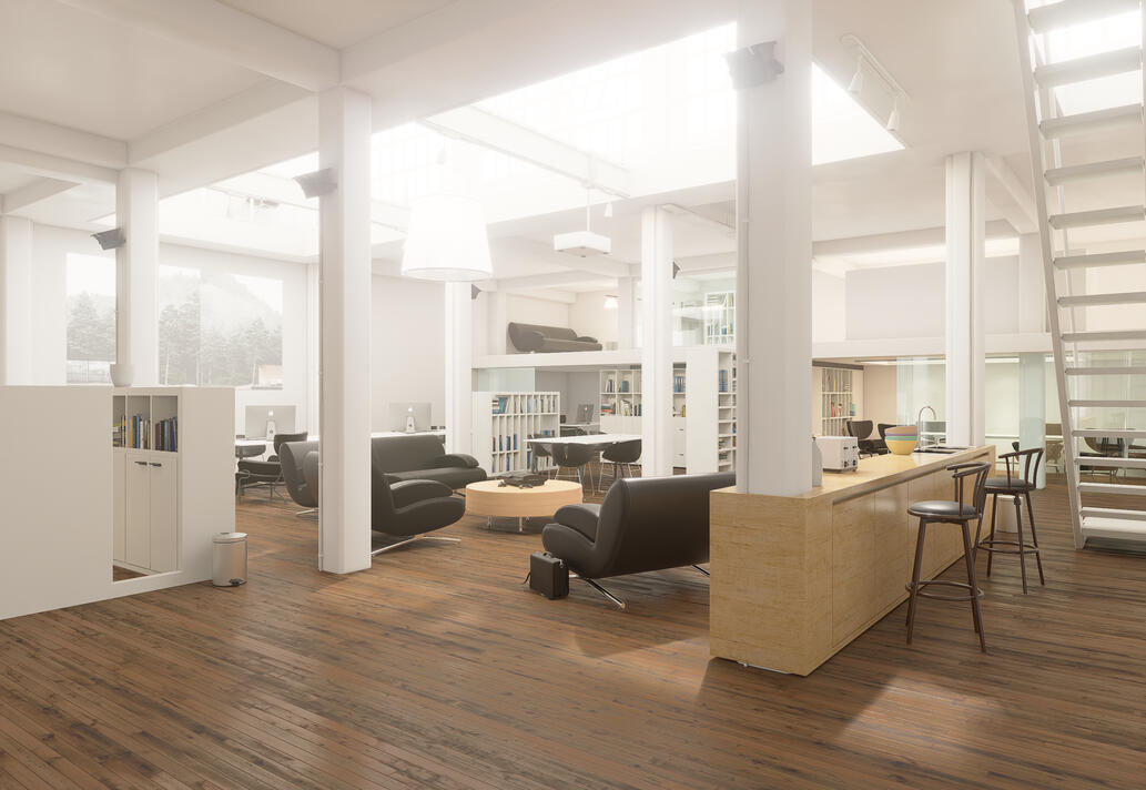 Render interior de oficina moderna, espacio abierto, diáfano, luminoso