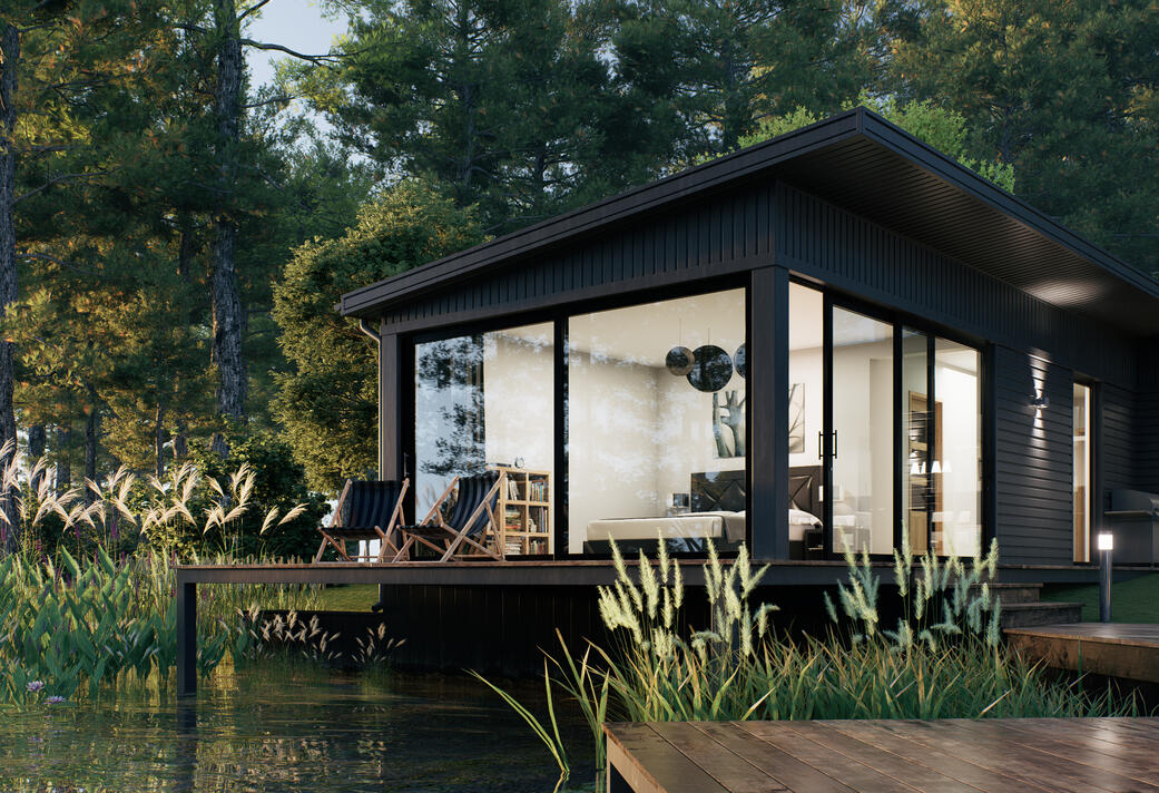 Render exterior de vivienda unifamiliar, lujosa, rodeada de naturaleza, a la orilla de un lago, detalle